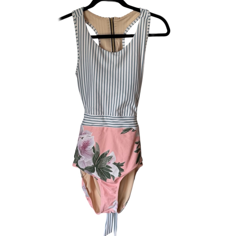 Albion Striped White & Blue Top with Pink Floral One-Piece Swimsuit